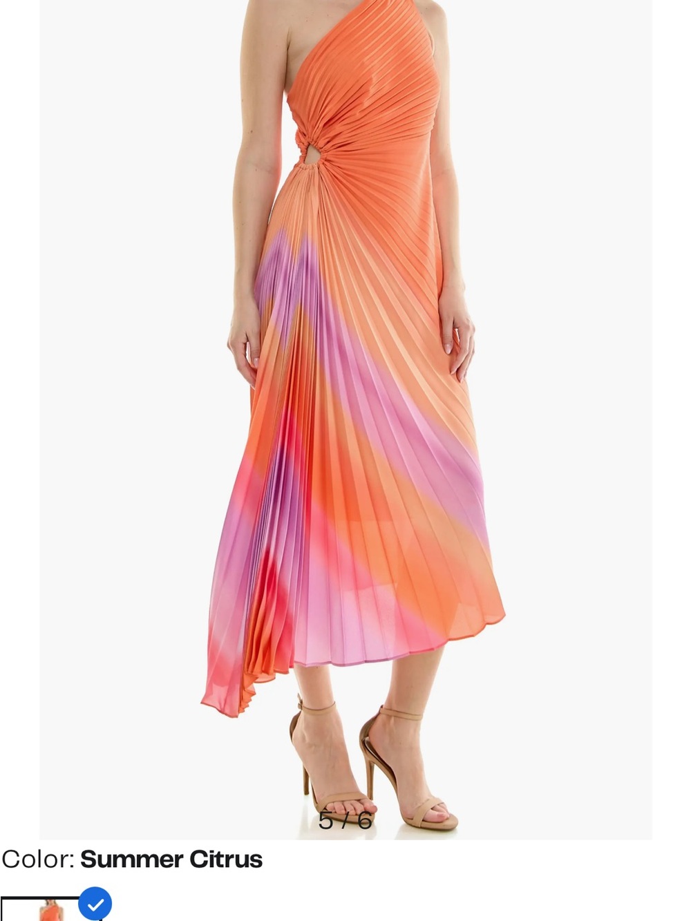 One-Shoulder Pleated Midi Dress in Summer Citrus - Picture 2 of 5